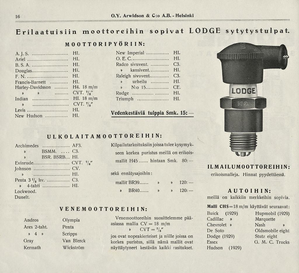 18 18m/m 16 O.Y. Arwidson & C:o A.B. Helsinki Erilaatuisiin moottoreihin sopivat LODGE sytytys t ui p a t MOOTTORPYÖRN: A.J.S H. New mperial H. Ariel H. O.E.C H. B.S.A H. Radco sivuvent C3.