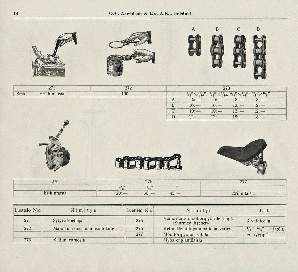 Nimitys Luettelo 18 O.Y. Arwidson & C:o A.B. Helsinki 271 272 273 ] Y 2x 3 / 16, V 2x 5 / 16, '^x 1 //'. 5 / B x 3 / 8 6: B^= B 10: 10: 12: 12: C 10: 10: 12: 12: D 12: 12: 18: 18: Smk.