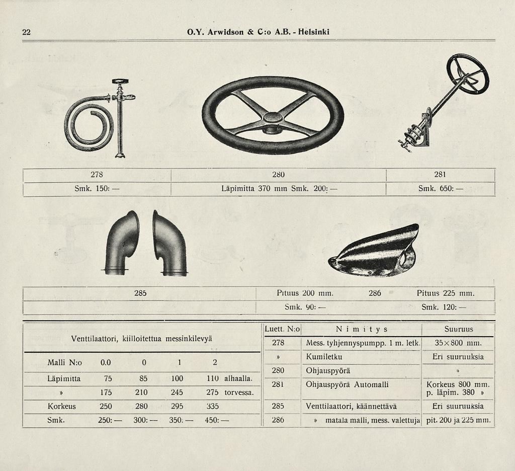 Läpimitta 300: 350. 450: Smk. Smk. 22 O.Y. Arwidson & C:o A,B. Helsinki 278 280 281 Smk. 150: 370 mm Smk. 200: 650: 285 Pituus 200 mm. 286 Pituus 225 mm. Smk. 90: 120: Luett.