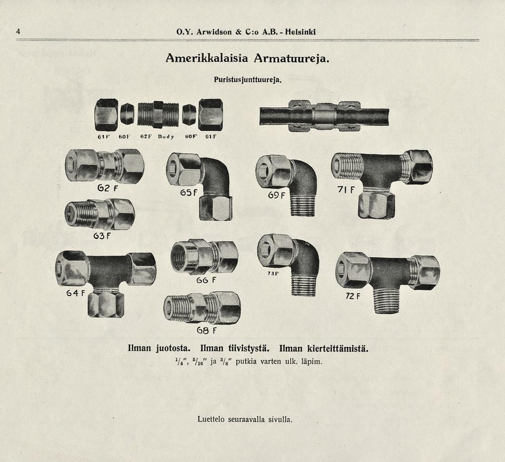 4 O.Y. Arwidson & C:o A.B. Helsinki Amerikkalaisia Armatuurea. Puristus unttuurea.