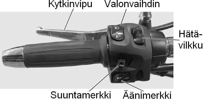 AJONEUVON RAKENNE Ohjaustangon hallintalaitteet Ohjaustangon hallintalaitteet Kytkinvipu Kytkinvipua painettaessa moottorin veto takarenkaalle loppuu.