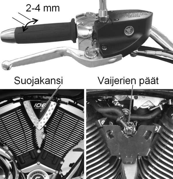 ENNEN AJOA TEHTÄVÄT TARKASTUKSET Jarrut Kaasukahva Takajarrupiirin jarrunesteen tarkastus 1. Poista oikean puolen suojakansi satulan alapuolelta. 2. Tue moottoripyörä täysin pystysuoraan asentoon. 3.