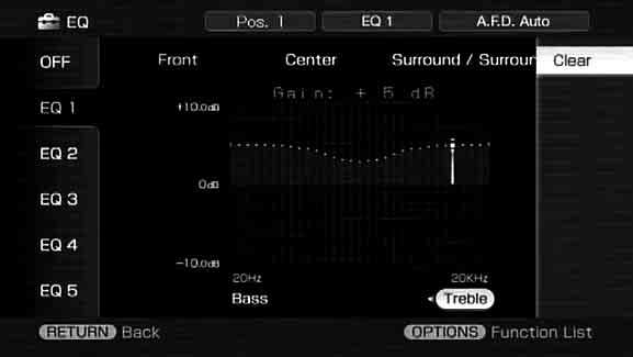 2 Valitse Settings painamalla toistuvasti V/v, ja paina sitten tai b. Settings-valikkoluettelo näkyy televisioruudussa. 3 Valitse EQ painamalla toistuvasti V/v, ja paina sitten.