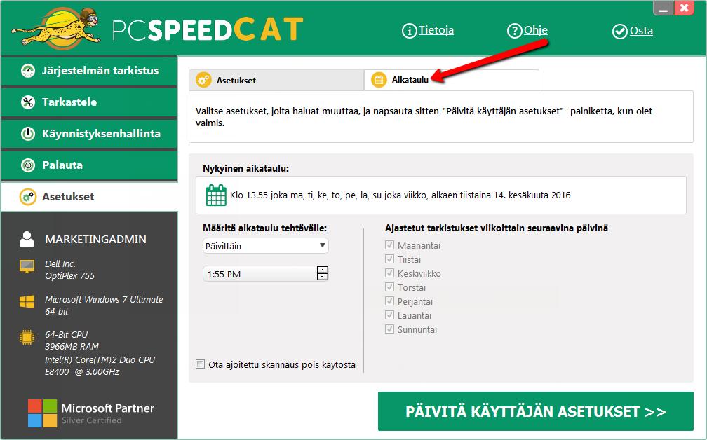 Seuraavaksi katsotaaan aikataulu osiota ylhäällä: Täälä, voit laittaa PC SpeedCATin tekemään säännöllisiä tarkistuksia, jotta tietokoneesi pysyy parhaassa mahdollisessa kunnossa.