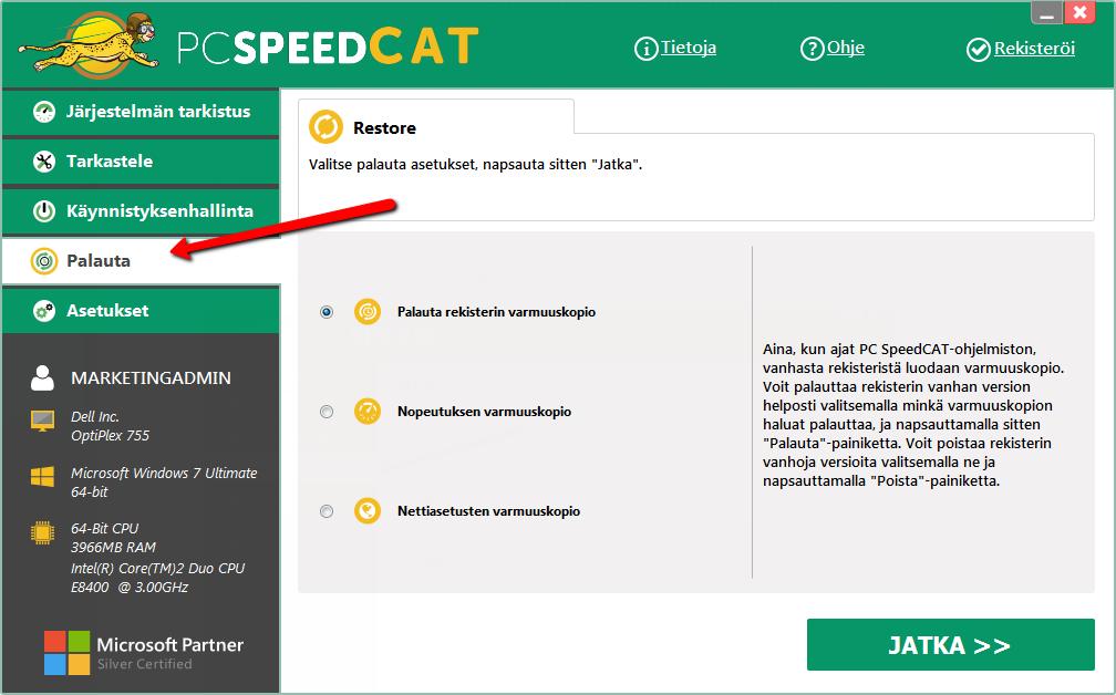 Toinen loistava PC SpeedCATin ominaisuus on että se voi peruuttaa minkä tahansa muutoksen jonka se teki.
