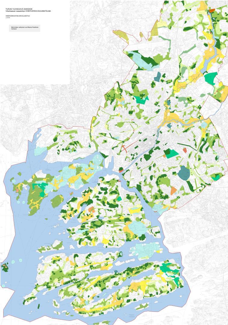 Keskeisimpiä karttoja: Viherverkoston arvoluokitus Vihreän sävyillä puustoiset