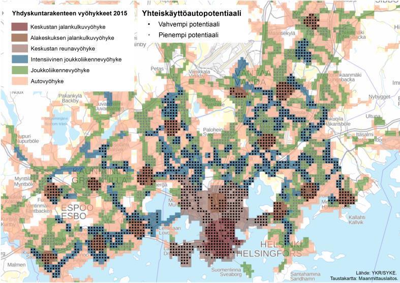 YHTEISKÄYTTÖAUTOILUN POTENTIAALISTEN ALUEIDEN HAKEMINEN Haetaan tilastoruutuja eri kriteereillä: Lyhyet arkimatkat, palvelut lähellä Sijainti jalankulkuvyöhykkeellä tai intensiivisellä