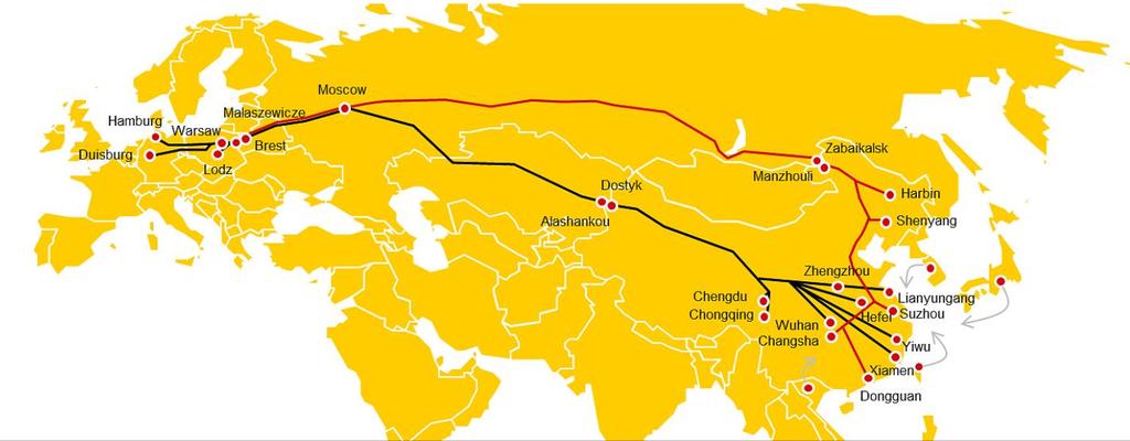 Reittitarjontaa Kiina - Keski-Eurooppa DHL junayhteys Kiina-Puola/Saksa 14-17 pv (reittikartta) DHL:n Kiinan johtaja arvioi,