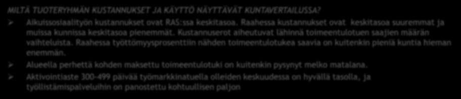 AIKUISSOSIAALITYÖN YHTEENVETO MILTÄ TUOTERYHMÄN KUSTANNUKSET JA KÄYTTÖ NÄYTTÄVÄT KUNTAVERTAILUSSA? Aikuissosiaalityön kustannukset ovat RAS:ssa keskitasoa.