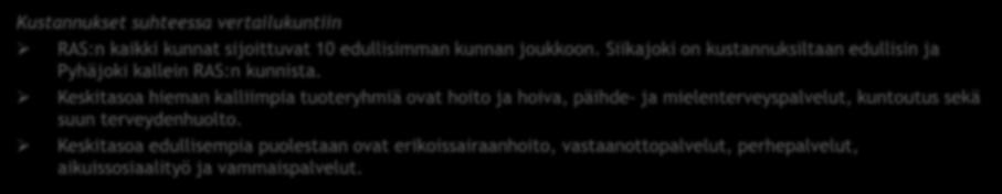 YHTEENVETO KESKEISISTÄ HAVAINNOISTA Kustannukset suhteessa väestön sairastavuuteen ja ikärakenteeseen RAS:n kunnissa kustannustaso on suhteessa sairastavuuteen vertailukuntia pienempi.