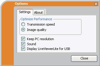 Esitystyökalut USB-näyttö (Windows-tietokone) (jatkuu) Asetukset-ikkuna Jos valitset Valintapainikkeen kelluvasta valikosta, Asetukset-ikkuna näkyy.