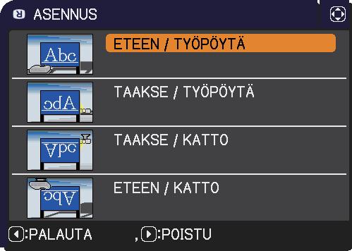 SÄÄTÖ-valikko Kohta Kuvaus -painiketta painamalla näyttöön tulee valintaikkuna, jossa voi vaihtaa ASENNUS-asetuksen. ASENNUS Valitse haluamasi asetus ASENNUS-valintaikkunassa / -painikkeilla.