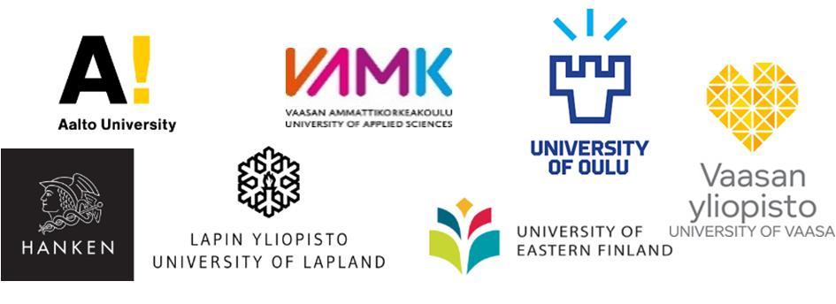 Turun yliopisto Aalto, Arcada, Hanken, UEF, JYU, Lapin yo, LUT, Novia AMK, OY, Taideyliopisto, TTY, VY, VAMK, ÅA. : 2017: Hankkeet käynnistyvät helmi-toukokuussa.
