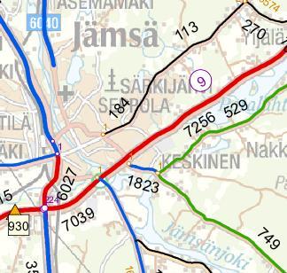 SELOSTUS (9) 8..0 Kuva. Ote liikenneviraston tekemistä liikennemääräkartoista, vasemmalla esitetty kokonaisliikennemäärä ja oikealla raskaan liikenteen määrä (ajoneuvoja / vrk).