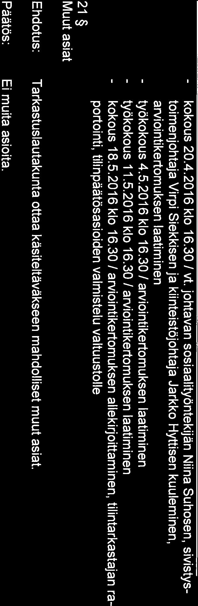 TARKASTUSLAUTAKUNTA PÖYTÄKIRJA 23.3.2016 Nro 3/2016 Sivu 5/5 21 Muut asiat - työkokous - työkokous 20.4.2016 klo 16.30 / vt.