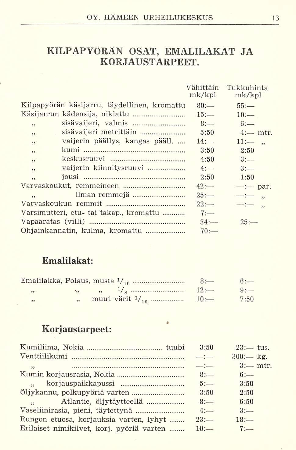 ilman 300: KILPAPYÖRÄN OSAT, EMALILAKAT JA KORJAUSTARPEET.