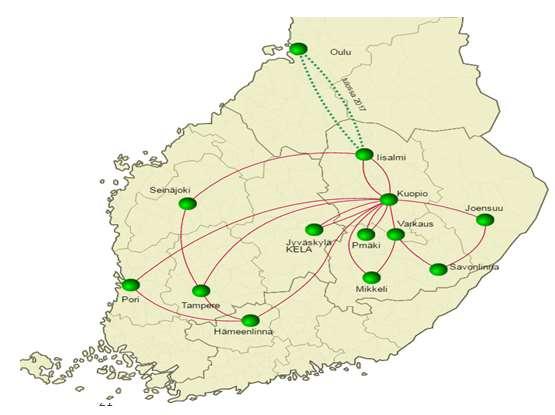 10 (13) 4.4 Itä-Suomen yhteistoiminta-alue Kuvassa 4 on kuvattu Istekin runkoverkko, joka kattaa mm. Itä-Suomen yhteistoiminta-alueen keskuskaupungit.