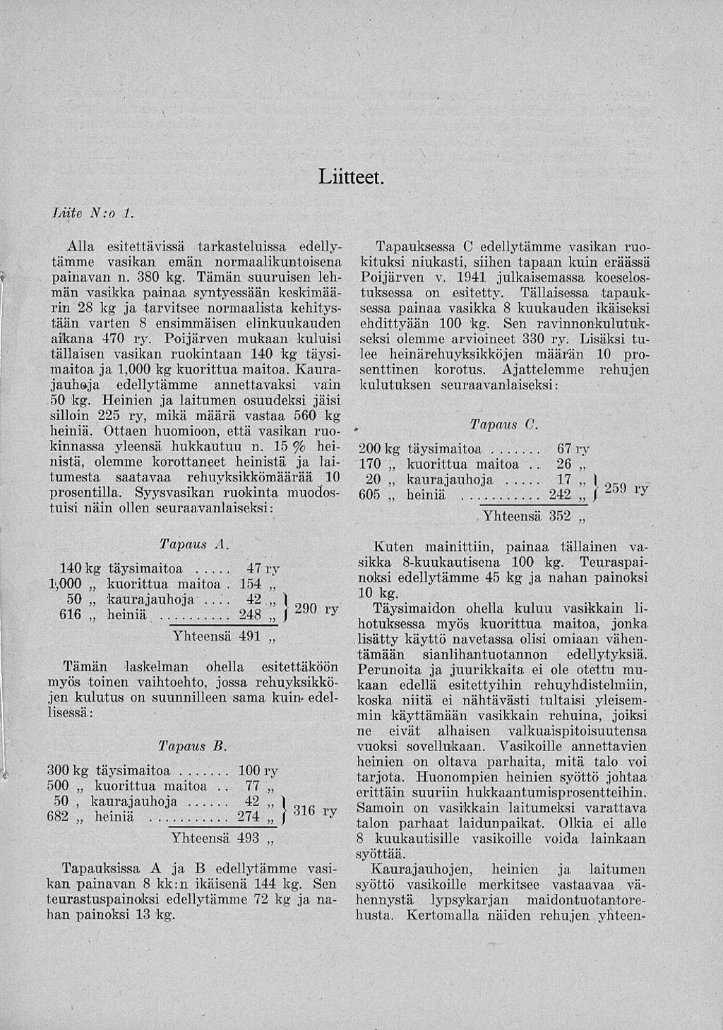 274 42 100 kuorittua Liitteet Liite N:o 1. Alla esitettävissä tarkasteluissa edellytamme vasikan emän normaalikuntoisena painavan n. 380 kg.