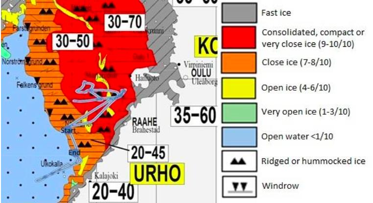 16 Kuva 3.2 S.A. Agulhas II:n reitti sekä Perämeren jääolosuhteet 21. maaliskuuta 212. (Suominen et al.