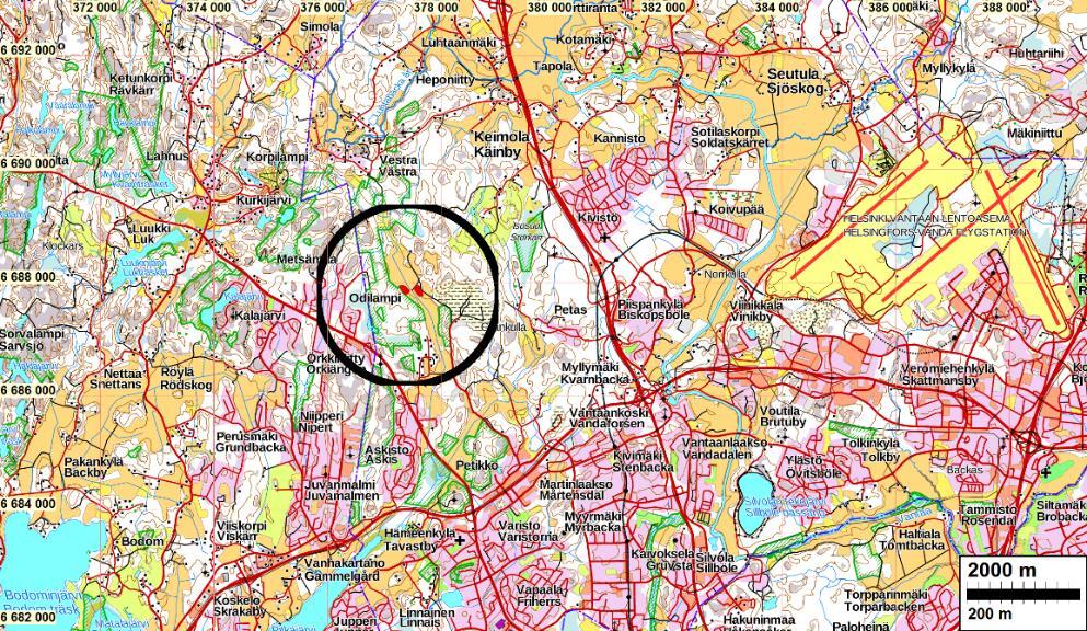 3 Tutkimusalue on mustan ympyrän sisällä. Selityksiä: Koordinaatit ja kartat ovat ETRS-TM35FIN koordinaatistossa.