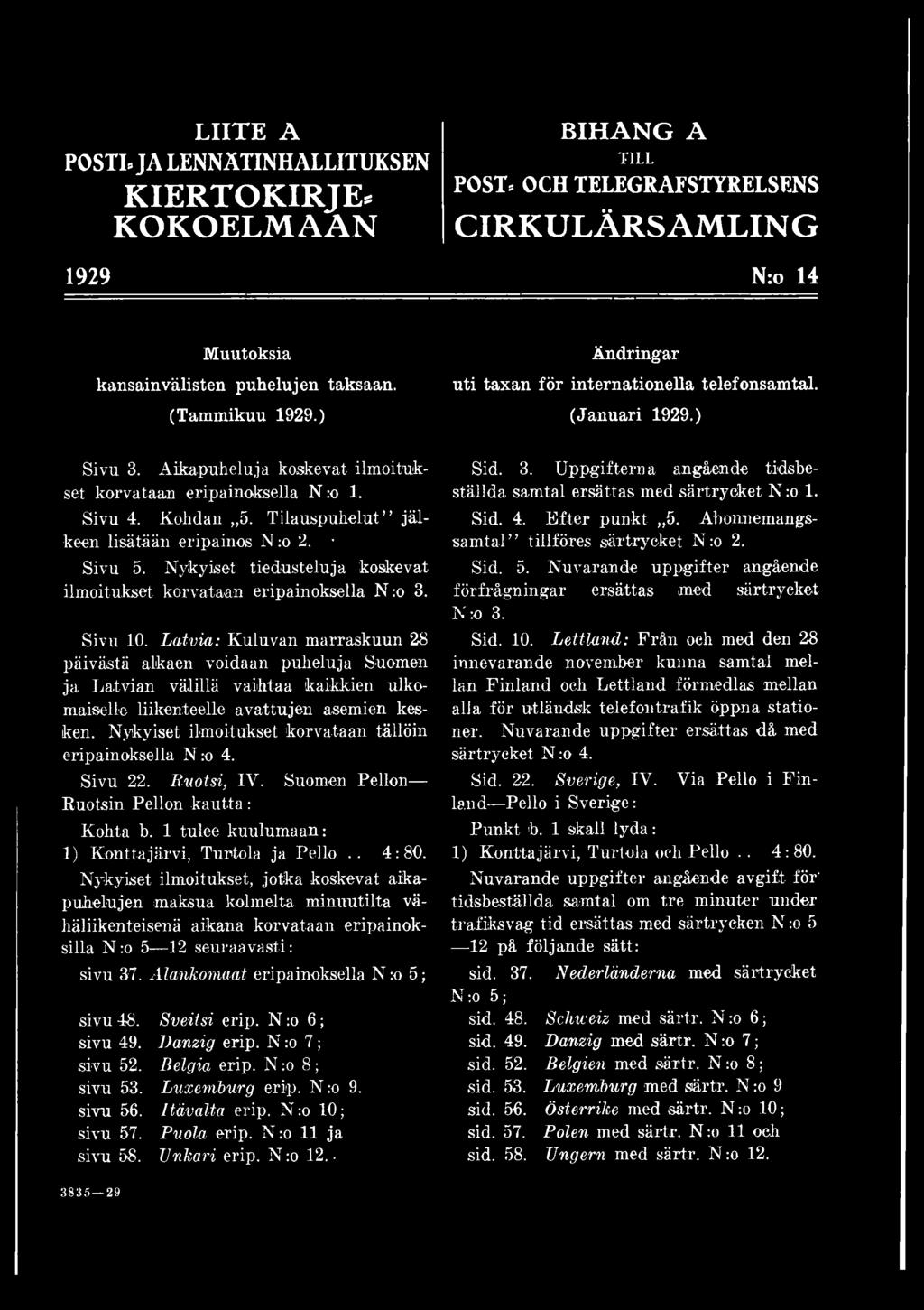 ställda samtal ersättas med särtrycket N :o 1. Sivu 4. Kohdan 5. Tilauspuhelut jälkeen Sid. 4. Efter punkt 5. Abonnemangs- lisätään eripainos N :o 2. samta.l tillföres särtrycket N :o 2. Sivu 5.