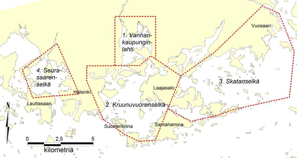 kokoomanäyte. Lisäksi Vanhankaupunginlahdelta hankitaan näytekaloiksi viisi siikaa lipposaaliista ja siiat yhdistetään kokoomanäytteeksi. Kuva 11. Haju- ja makunäytekalojen pyyntialueet.