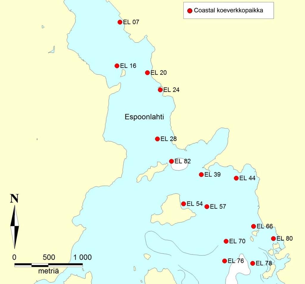 Liite 6. Rannikon Coastal-koeverkkopaikkojen koordinaatit (KKJ3 ja ETRS-TM35FIN), syvyysvyöhykkeet ja pyyntipaikkakartta.