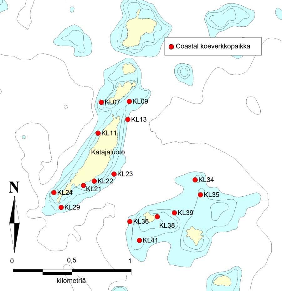 Liite 7. Ulkosaariston Coastal-koeverkkopaikkojen koordinaatit (KKJ3 ja ETRS-TM35FIN), syvyysvyöhykkeet ja pyyntipaikkakartta.
