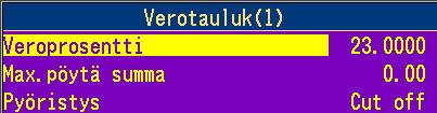 Kassaominaisuudet 2. Valitse kohta 9.Verotaulukko 3.