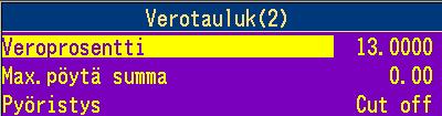 Kassaominaisuudet 2. Valitse kohta 9.Verotaulukko 3.