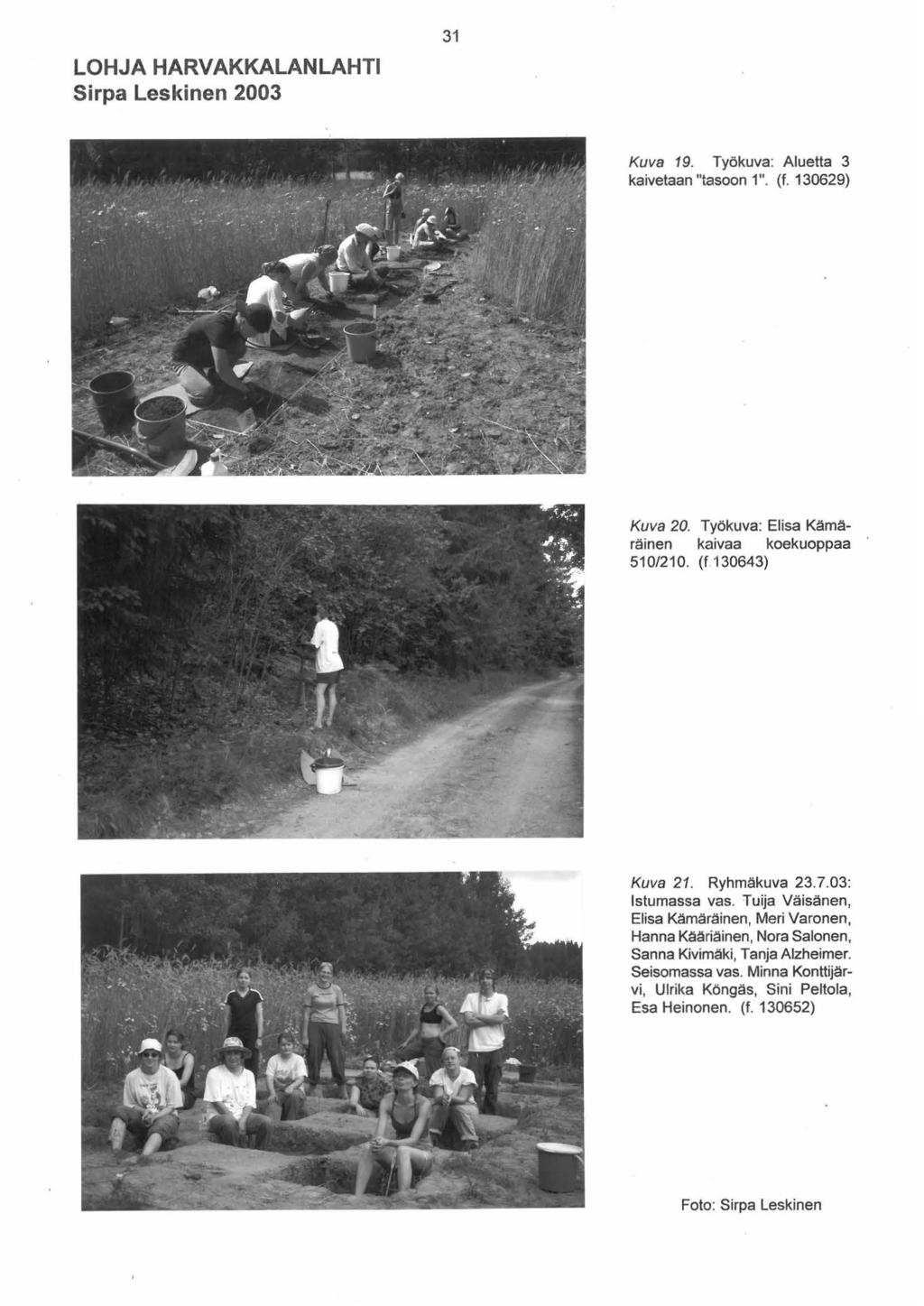 LOHJA HARVAKKALANLAHTI 3 Kuva 9. Työkuva: Aluetta 3 kaivetaan "tasoon ". (f. 30629) Kuva 20. Työkuva: Elisa Kämäräinen kaivaa koekuoppaa 50/20. (f 30643) Kuva 2. Ryhmäkuva 23.7.03: Istumassa vas.