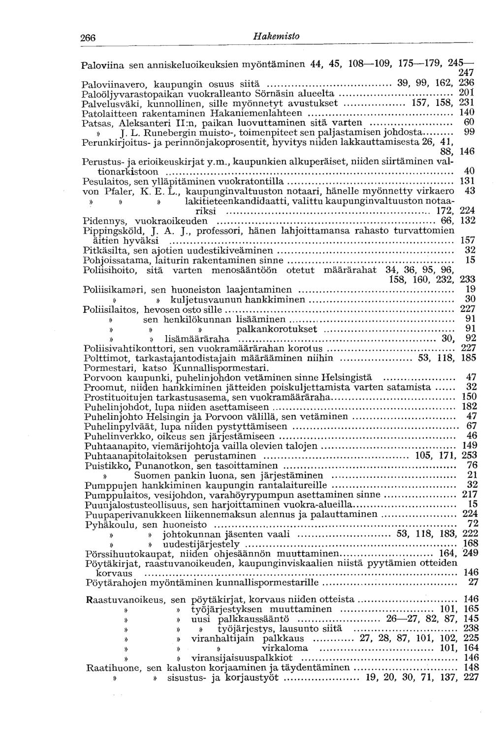 266 Hakemisto Paloviina sen anniskeluoikeuksien myöntäminen 44, 45, 108 109, 175 179, 245 247 Paloviinavero, kaupungin osuus siitä 39, 99, 162, 236 Paloöljy varastopaikan vuokralleanto Sörnäsin
