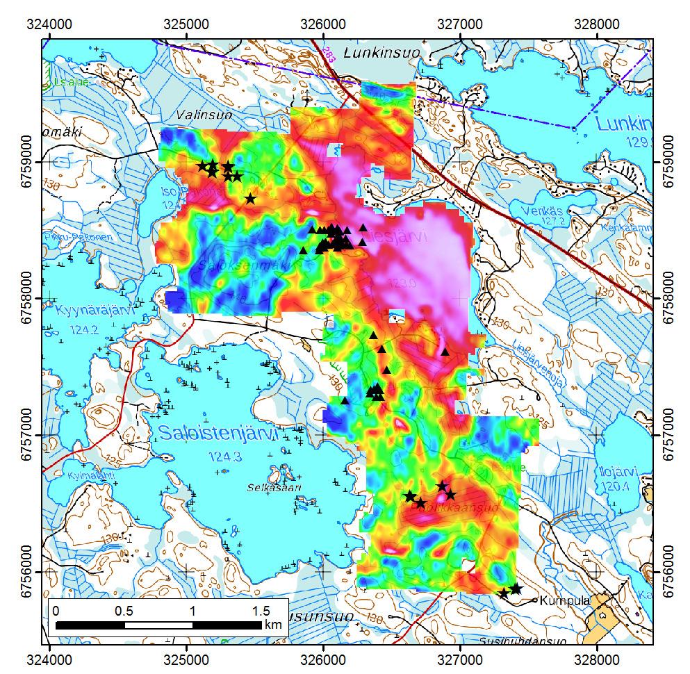 GEOLOGIAN TUTKIMUSKESKUS 93/2016 4 Kuva 4. Liesjärven alueen ominaisvastustulos yhdistettynä Outokummun aineistoon. GTK:n kairareiät esitetty tähtisymbolilla, Outokummun reiät kolmiolla.