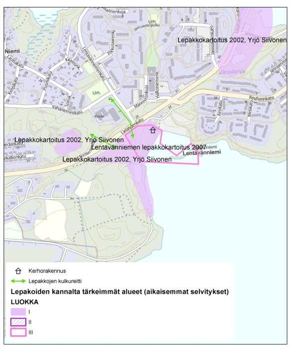 LENTÄVÄNNIEMEN ASEMAKAAVA NRO 8354 4 Vuonna 2007 selvitysalueelta ei löydetty lisääntymis- ja levähdyspaikkoja eikä muita kulkuyhteyksiä kuin viiksisiippojen käyttämä yhteys Lielahdenkadun toiselle