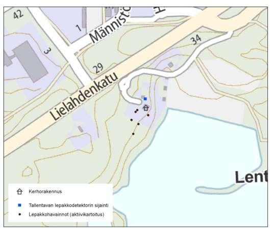 LENTÄVÄNNIEMEN ASEMAKAAVA NRO 8354 6 Kuva 3. Lepakkohavainnot ja tallentavan lepakkodetektorin sijainti (Ramboll Finland Oy 2013). 5.