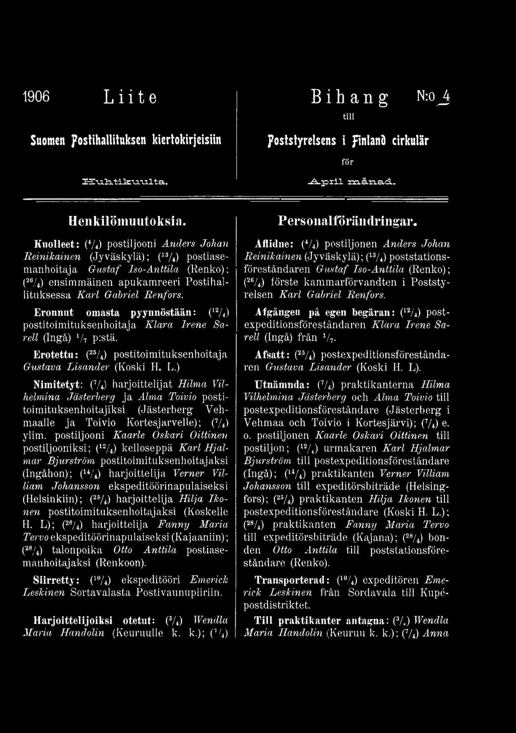 postiljooni Kaarle Oskari Oittinen postiljooniksi; (12/4) kelloseppä Karl Hjalmar Bjurström postitoimituksenhoitajaksi (Ingåhon); (14/4) harjoittelija Verner Villiam Johansson