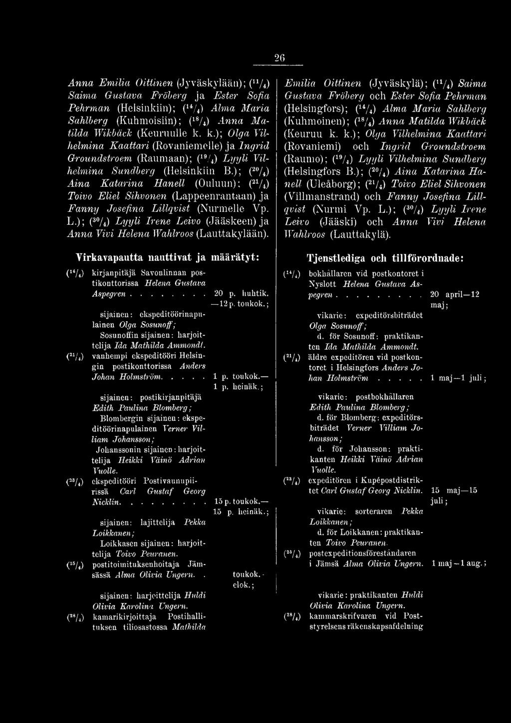 ; sijainen: ekspeditöörinapulainen Olga Sosunoff; Sosunoffin sijainen: harjoittelija Ida Mathilda Ammondt. (21/4) vanhempi ekspeditööri Helsingin postikonttorissa Anders Johan Holmström... 1 p.