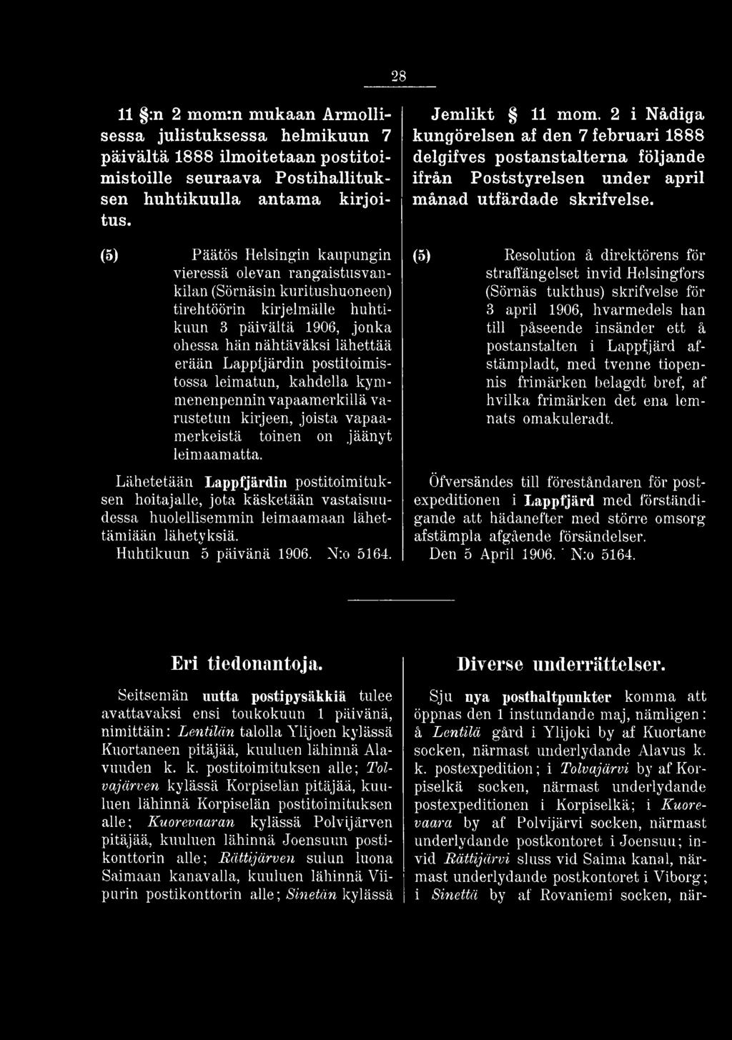 2 i Nådiga kungörelsen af den 7 februari 1888 delgifves postanstalterna följande ifrån Poststyrelsen under april månad utfärdade skrifvelse.