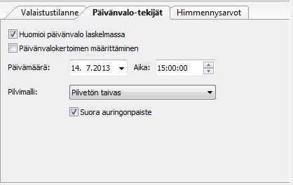 DIALuxin opas-toimintoa seuraamalla saa DIALuxissa aseteltua helposti tarvittavat tiedot päivänvalon laskentaa varten. Kuva 27.