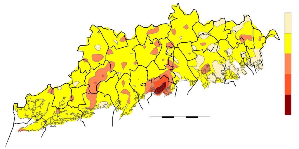 Hyvinkää Porvoo Helsinki Inkoo 50 km Hanko Kuva 22. Jäkälälajien lukumäärän perusteella laskennallisesti arvoidut vyöhykkeet Uudellamaalla ja Itä-Uudellamaalla vuonna 2004.