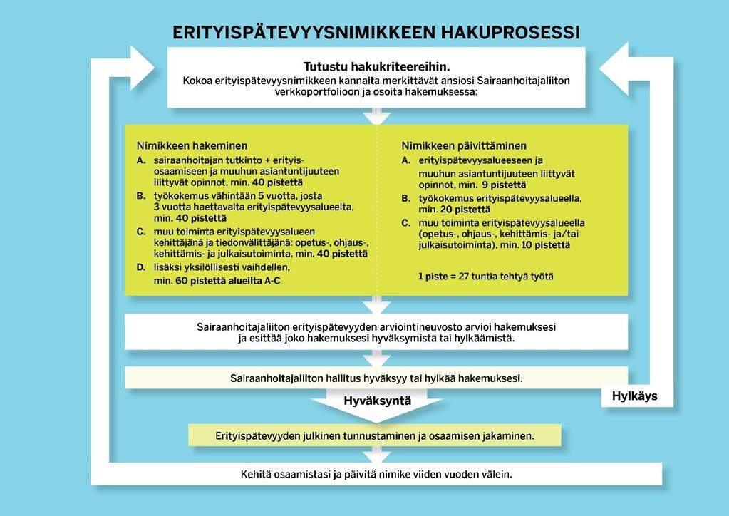 Sairaanhoitajaliiton myöntämää erityispätevyyttä on voinut hakea kliinisessä hoitotyössä vuodesta 2008, hoitotyön tiedonhallinnassa vuodesta 2012 ja hoitotyön johtamisessa vuodesta 2016 alkaen.