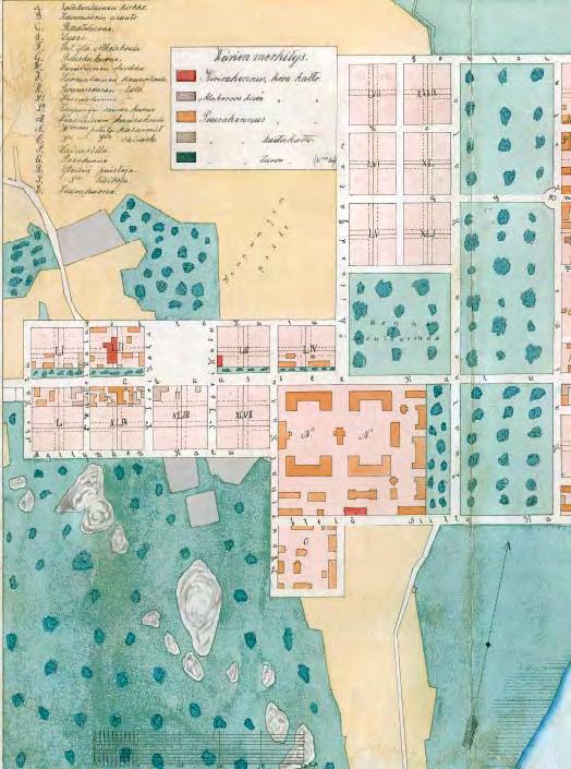 20 Hämeenlinnan kaupungin kartta noin vuodelta 1892 esittelee tarkasti Hämeenlinnan keskustan 1800-luvun lopun rakennuskannan. Myös rakennusten kattomateriaali selviää kartasta, esim.