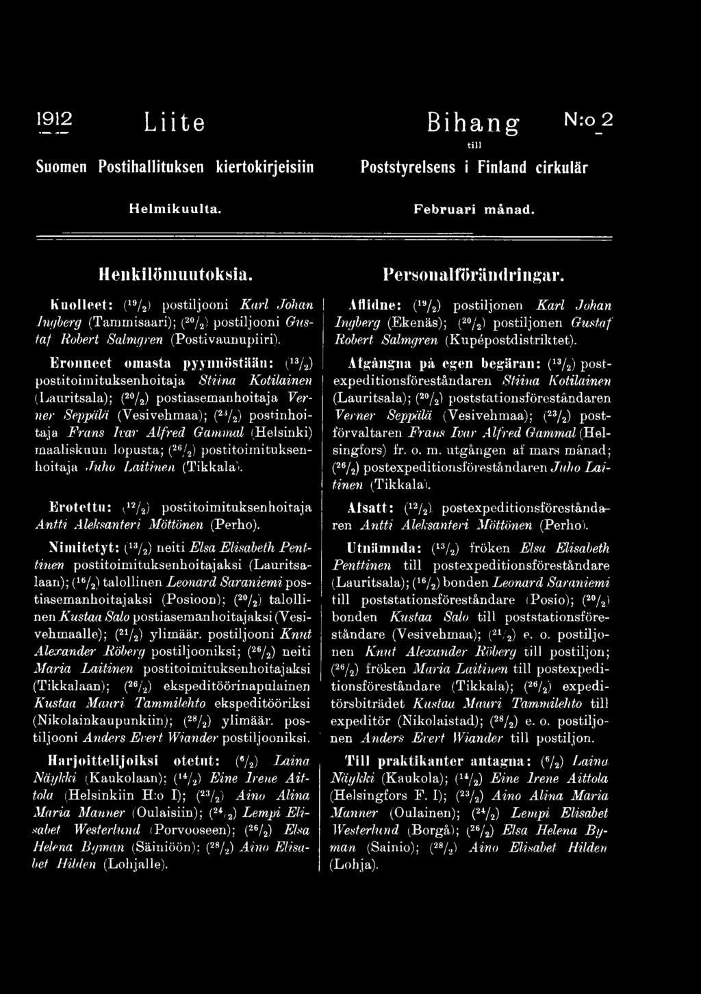 Harjoittelijoiksi otetut: (e/2) Laina Näykki (Kaukolaan); (u/2) Eine Irene Aittola (Helsinkiin H:o I); (23/2) Aino Alina Maria Manner (Oulaisiin); (24/2) Lempi Elisabet Westerlund (Porvooseen);