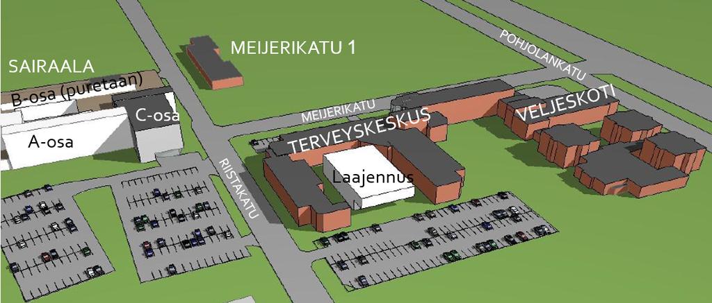 7 Vaihtoehto F heikosti LAAJENNUS -laboratorio analyysi VELJESKOTI -tuki- ja aputiloja ja aspa-hallinto Nykyisten rakennusten (sairaala A-osa, Meijerikatu ja Veljeskoti) matala kerroskorkeus