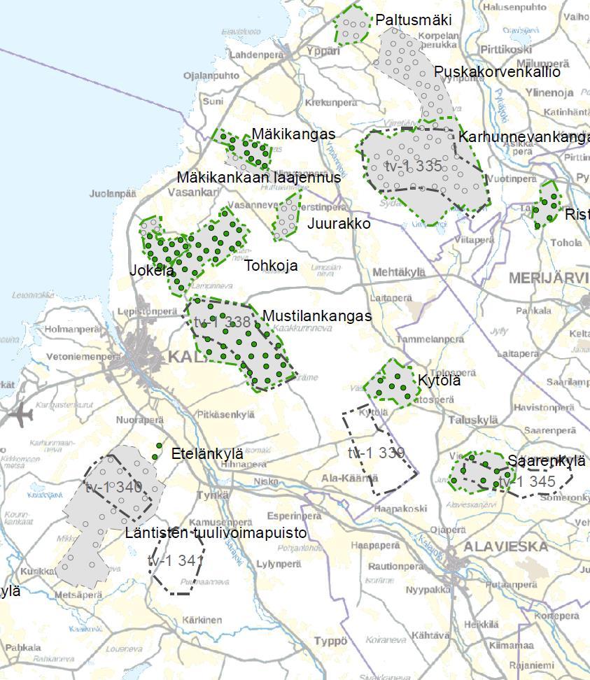 Maakuntakaavan toteutuminen Osoitettiin 63 tuulivoima-aluetta 44 alueella hanke/hankkeita vireillä 15 aluetta ei hankekehitystä 4 aluetta hanke peruttu Tuulivoimahankkeet tv-1/tv-2 alueiden