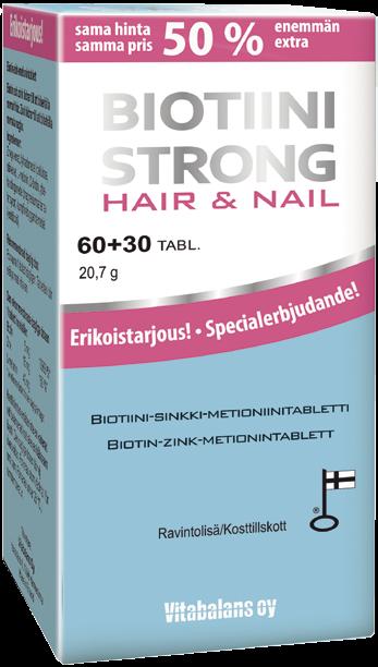 Iholle, hiuksille ja kynsille BIOTIINI STRONG HAIR & NAIL Vahva, kotimainen tuote hiusten kasvuun, lohkeileville kynsille ja ihon