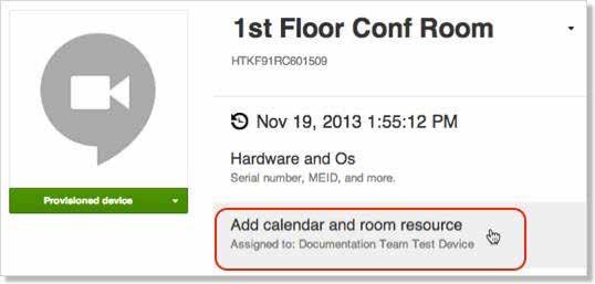 3. Chromebox for meetings -laitteen laitehallintanäyttö tulee näkyviin. Napsauta Add calendar and room resource (Lisää kalenteri ja huoneresurssi). 4.