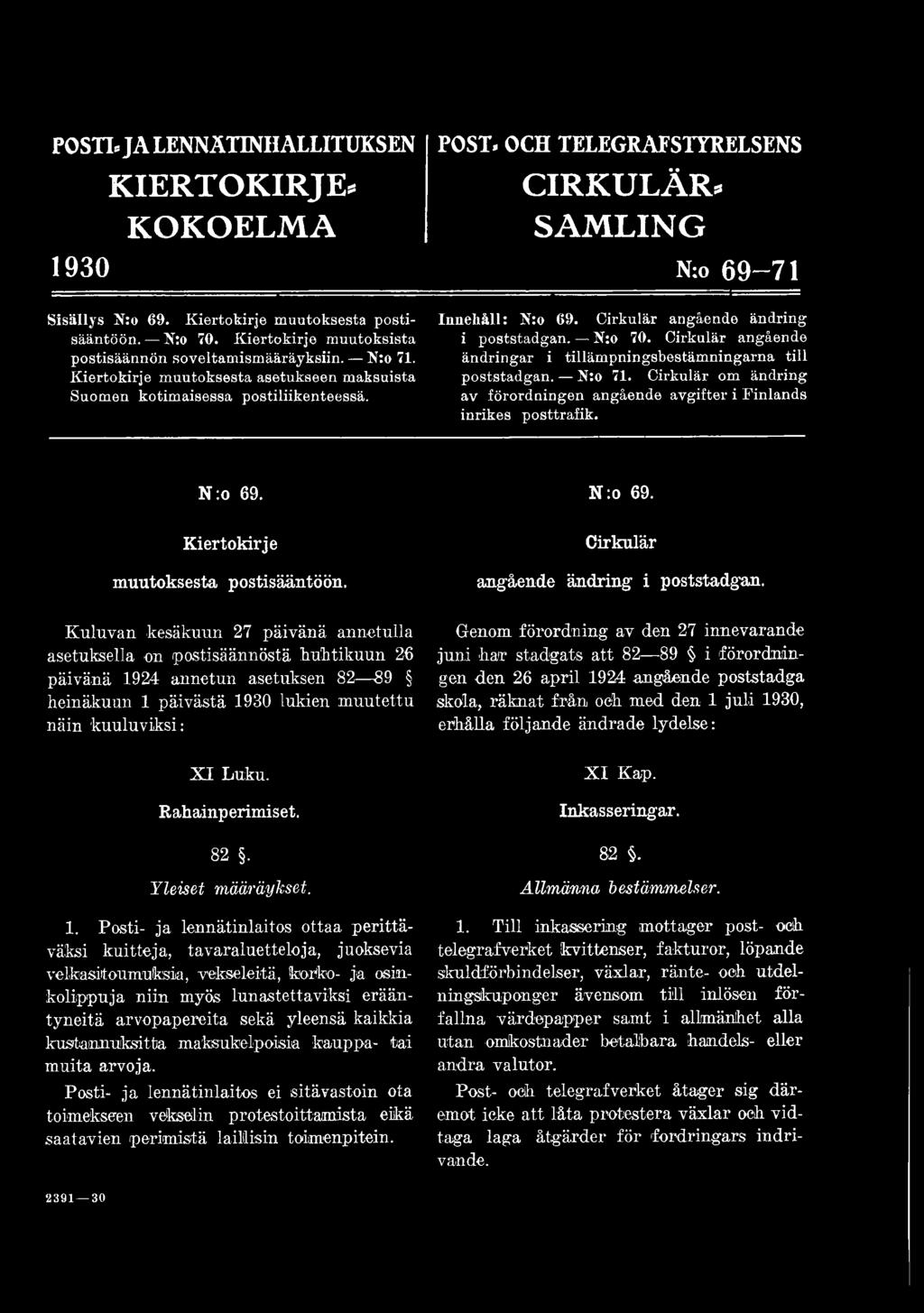 Kuluvan kesäkuun 27 päivänä annetulla asetuksella on postisäännöstä huhtikuun 26 päivänä 1924 annetun asetuksen 82 89 heinäkuun 1 päivästä 1930 lukien muutettu näin kuuluviksi: Genom förordning av