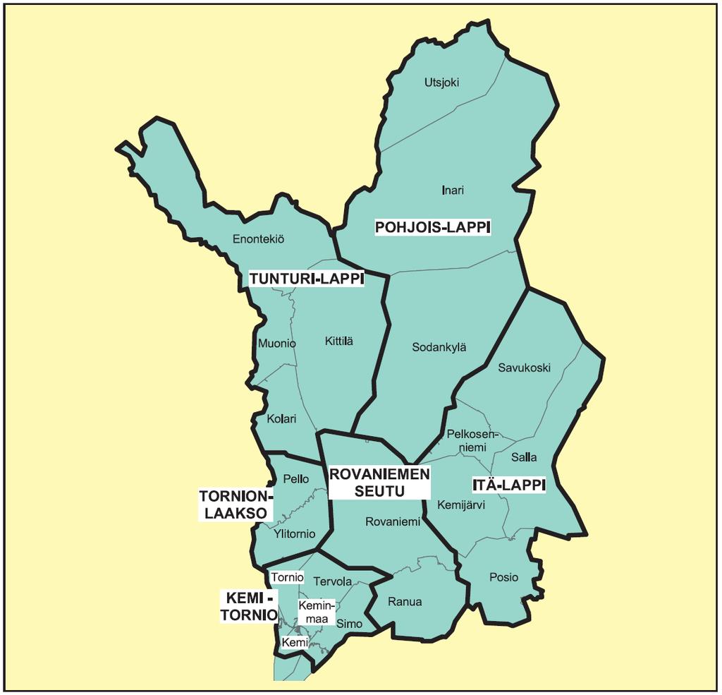 12 Lapin tiepiirin toimintastrategia TOIMINTAYMPÄRISTÖ 2 TOIMINTAYMPÄRISTÖ 2.1 Suunnittelualue Lapin tiepiirin alueella on kuusi seutukuntaa ja 21 kuntaa, joista neljä on kaupunkeja (kuva 1).