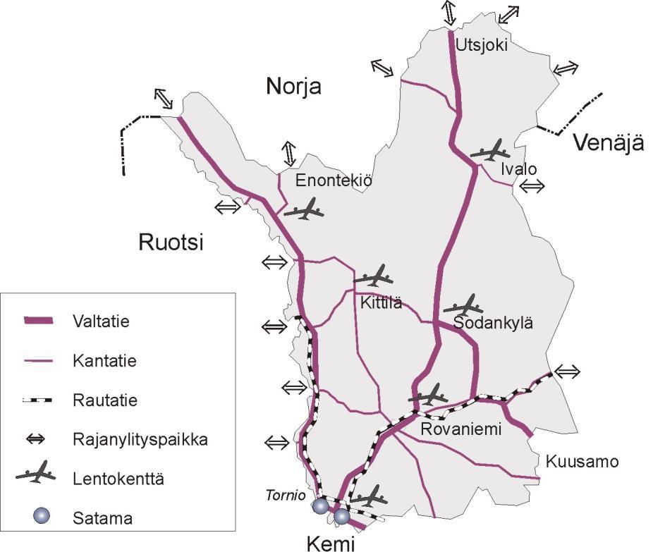 Lapin tiepiirin toimintastrategia TOIMINTAYMPÄRISTÖ 13 Kuva 2. Lapin pääliikenneyhteydet. Uusien tieyhteyksien rakentamistarpeita on noussut esiin lähinnä kaivostoiminnan ja matkailun tarpeista.